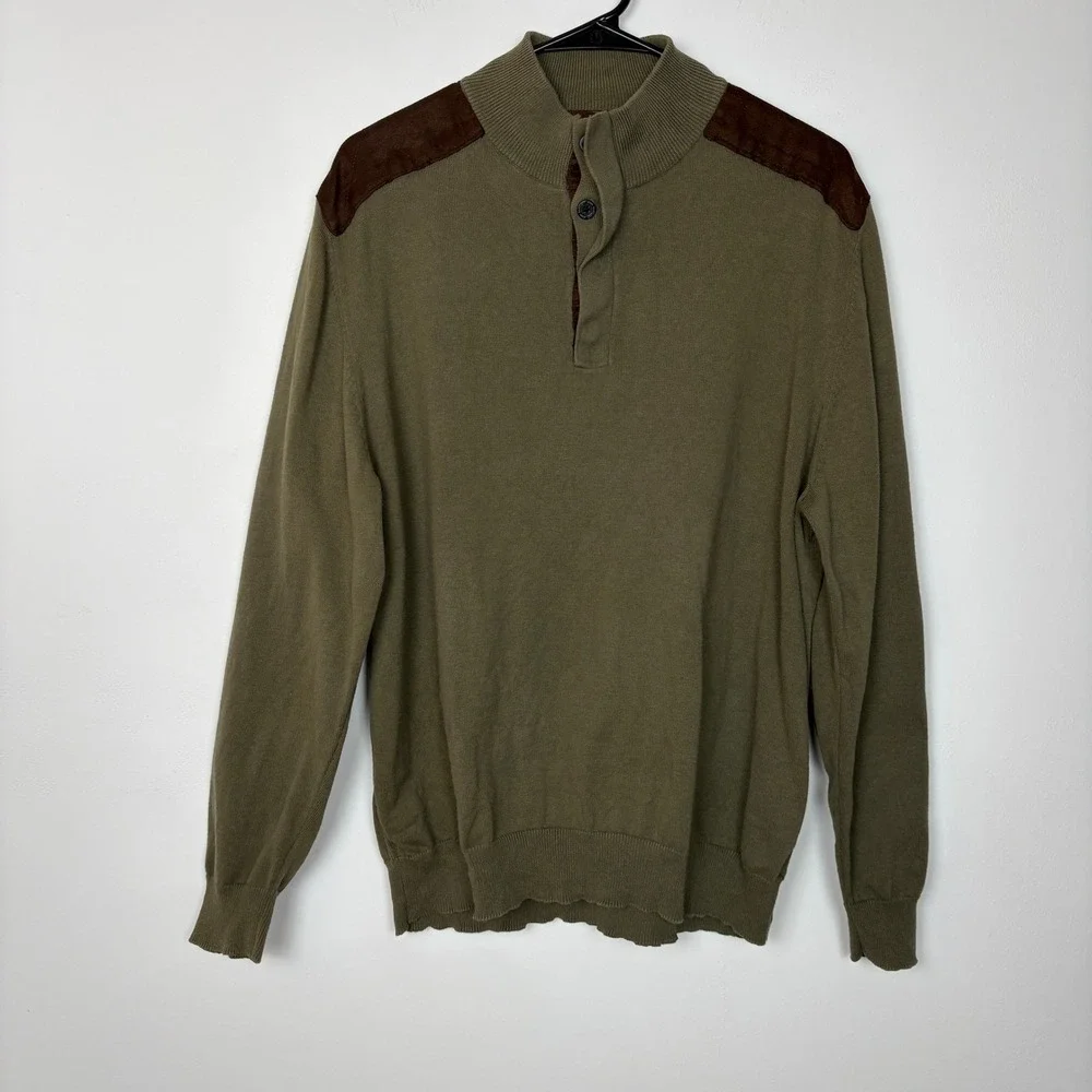 John Bartlett Men Henley Sweater Large Olive Green Elbow Patches Academia Preppy